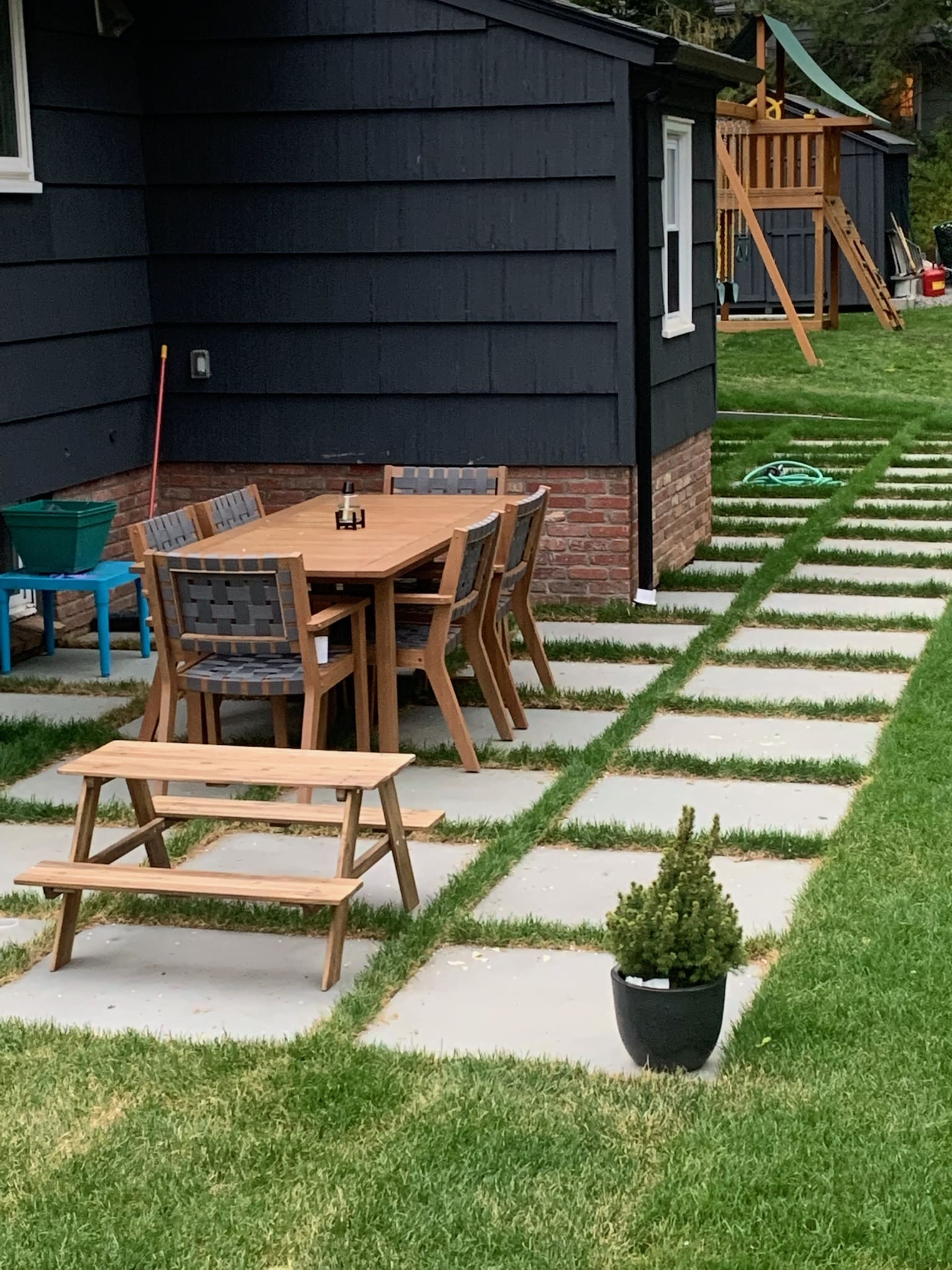 patio with wooden furniture