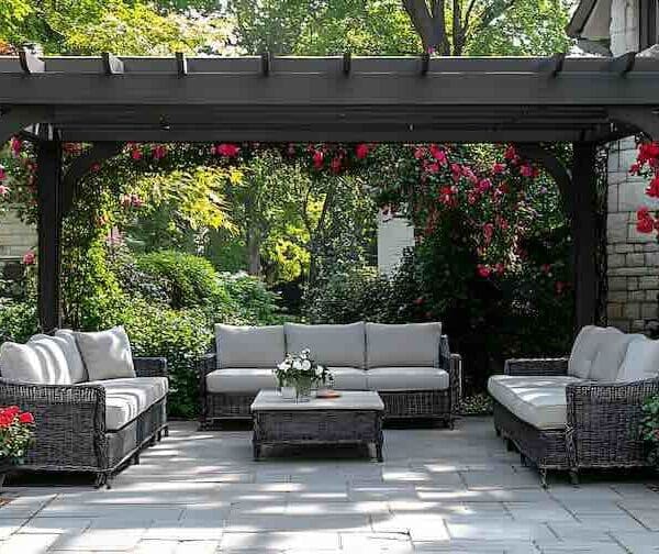 Pergola with seating and blooming flowers