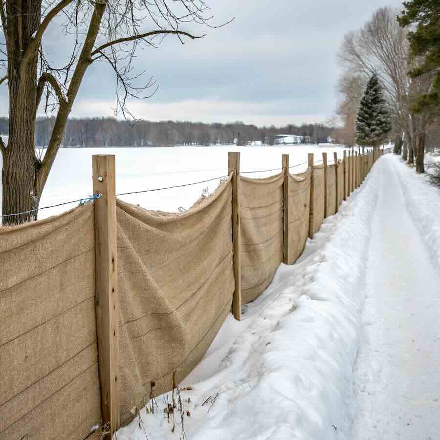 Snowy path beside rustic fence and trees.